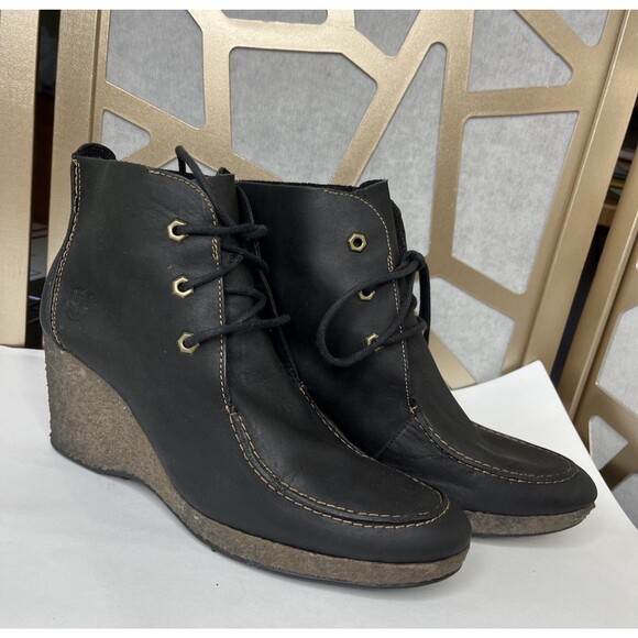 Timberland Women Ankle Boots Black Nubuck Leather Wedge Heels Bootie Sz 11 - Picture 2 of 10